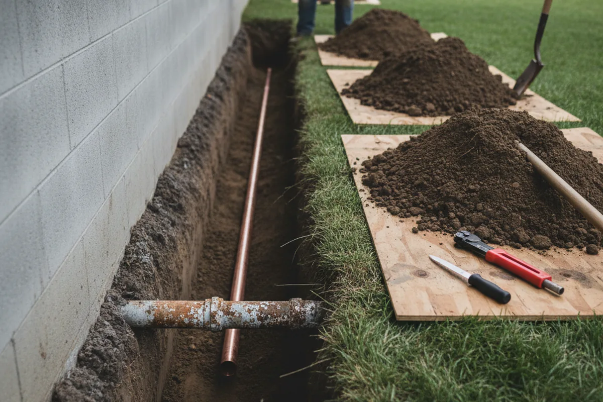Excavated water line trench during Sewer Line Repair in Lynchburg